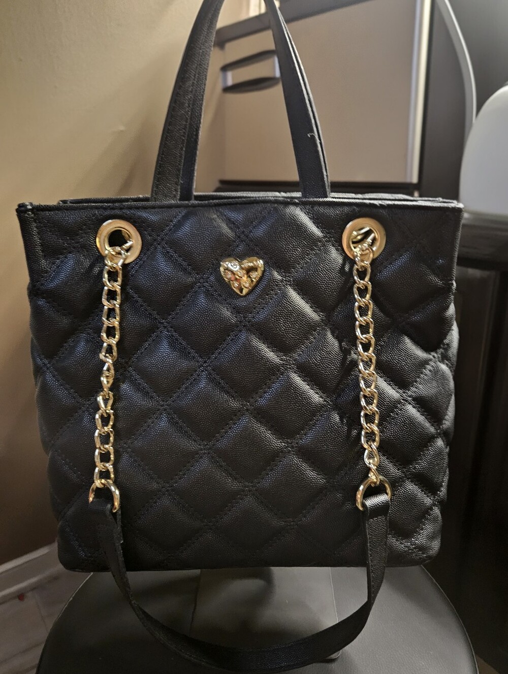Betsey Johnson Black Heart Quilted Tote with Gold Chain Straps